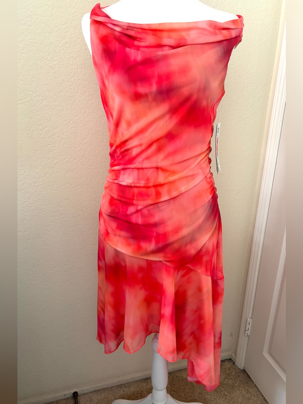 Sleeveless Coral Pink Watercolor Asymmetrical Midi Dress Lined